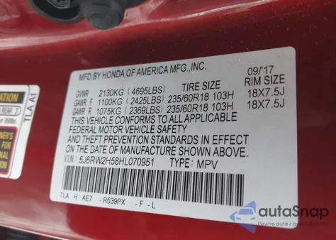 2017 Honda Cr-V Ex z USA, uszkodzony, nr VIN 5J6RW2H58HL070951